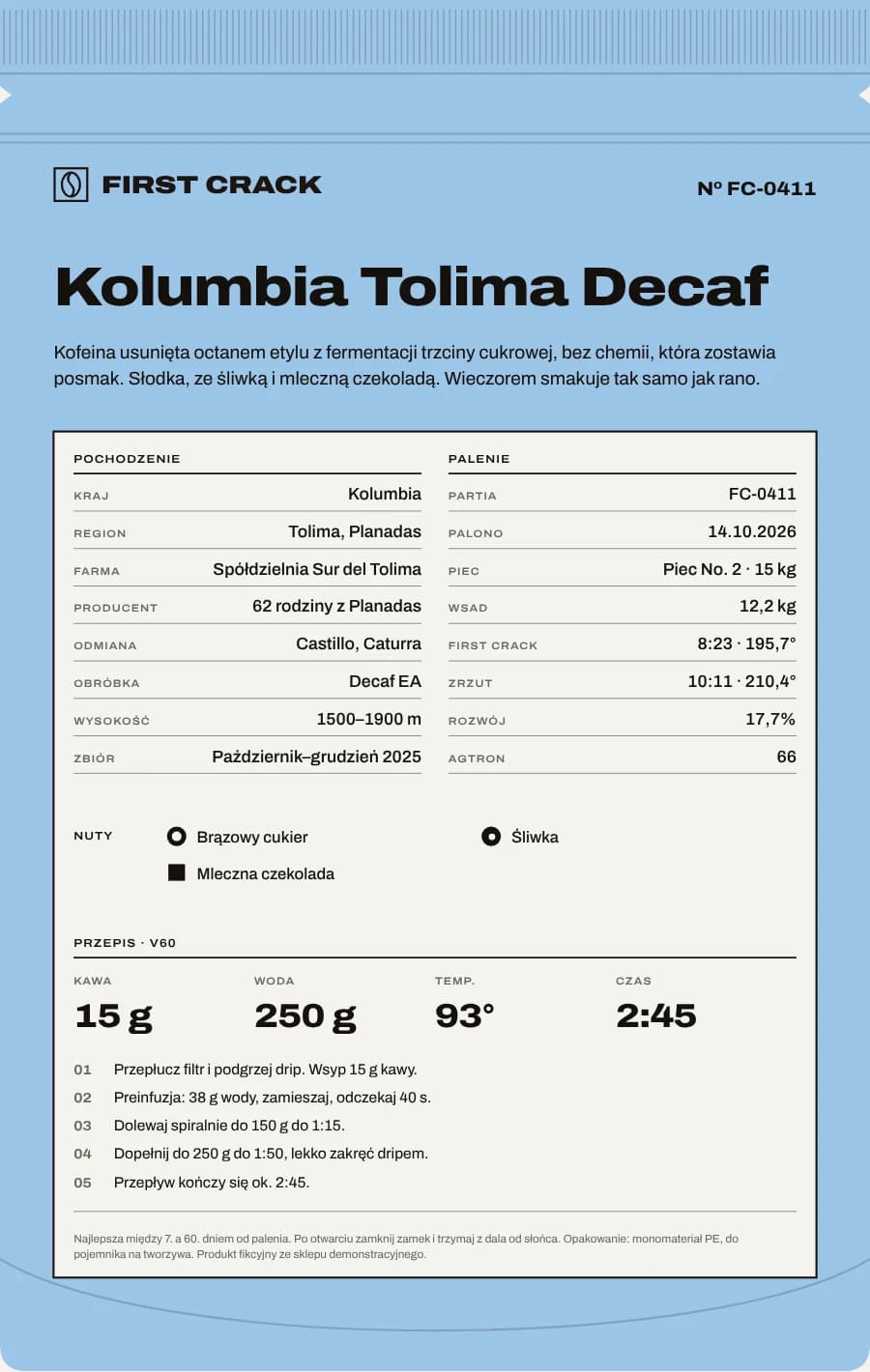 Kolumbia Tolima Decaf, Tył